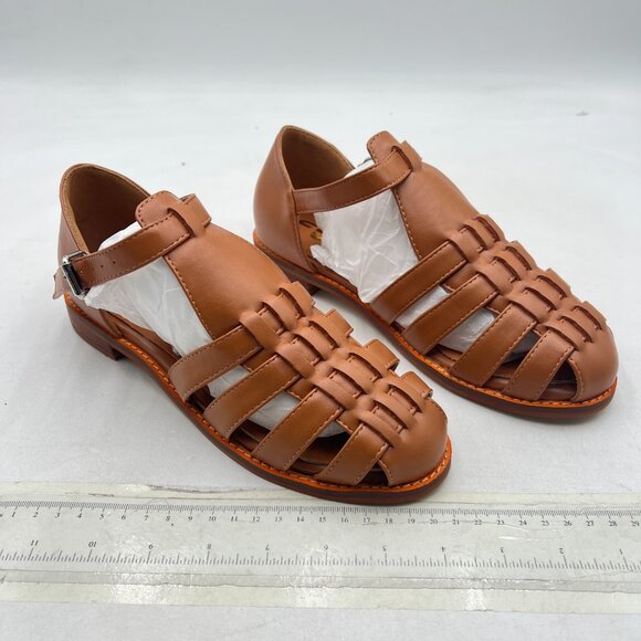 FSJ Camel Closed Toe Low Block Heel Woven Roman Ankle Strap Hollow Caged Sandals - Picture 4 of 8